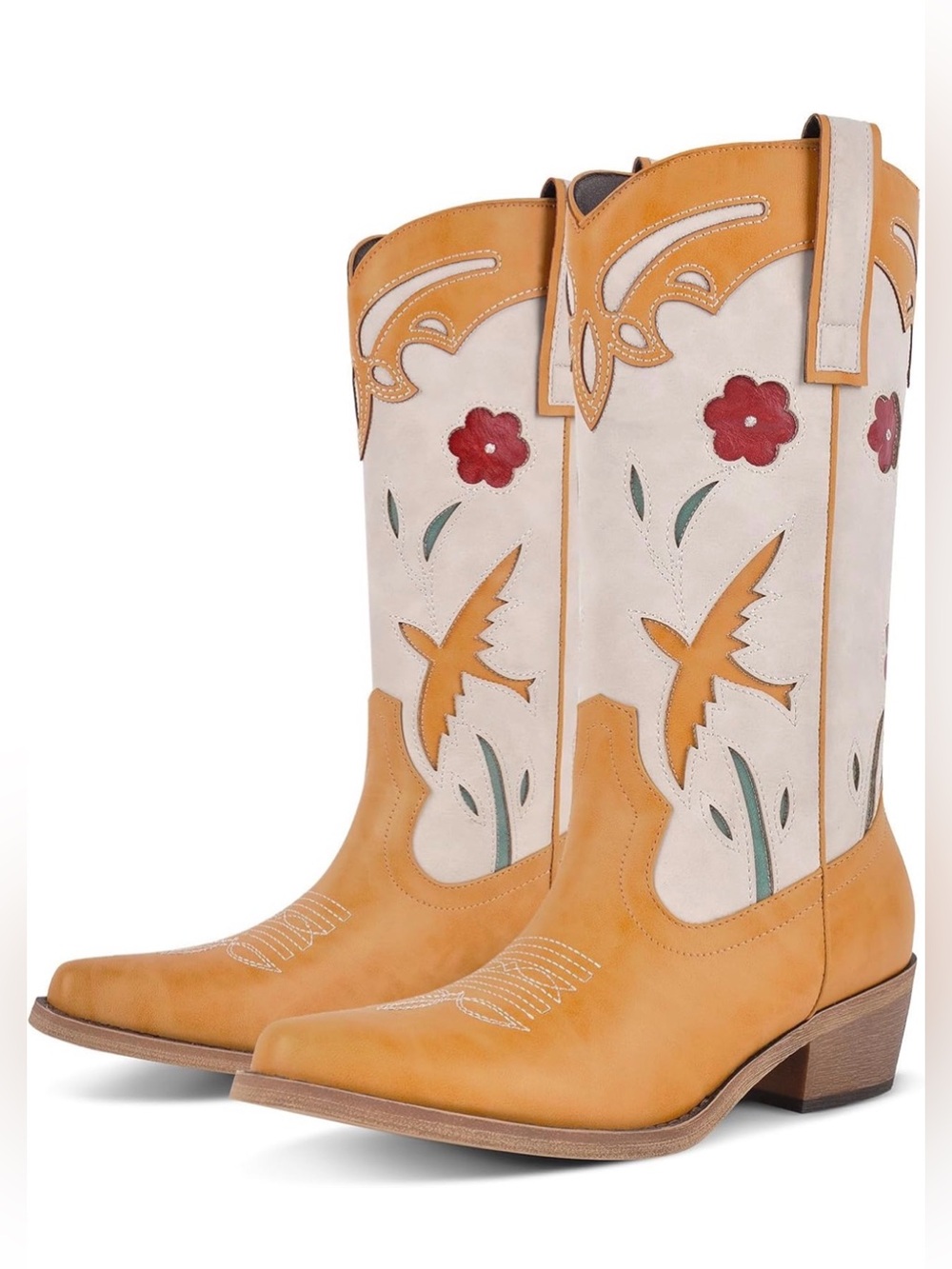 Two-Tone Floral Western Cowboy Boots - Tan & Cream with Red Flower